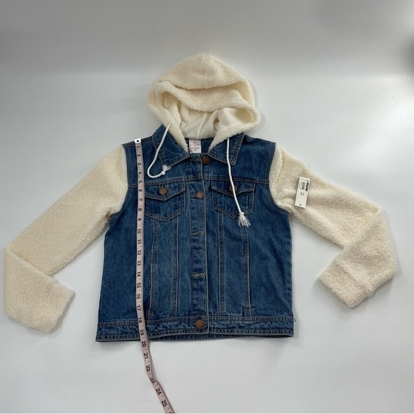 CREAM SHERPA SLEEVE HOODED BLUE DENIM JACKET NWT‎ - Picture 6 of 9